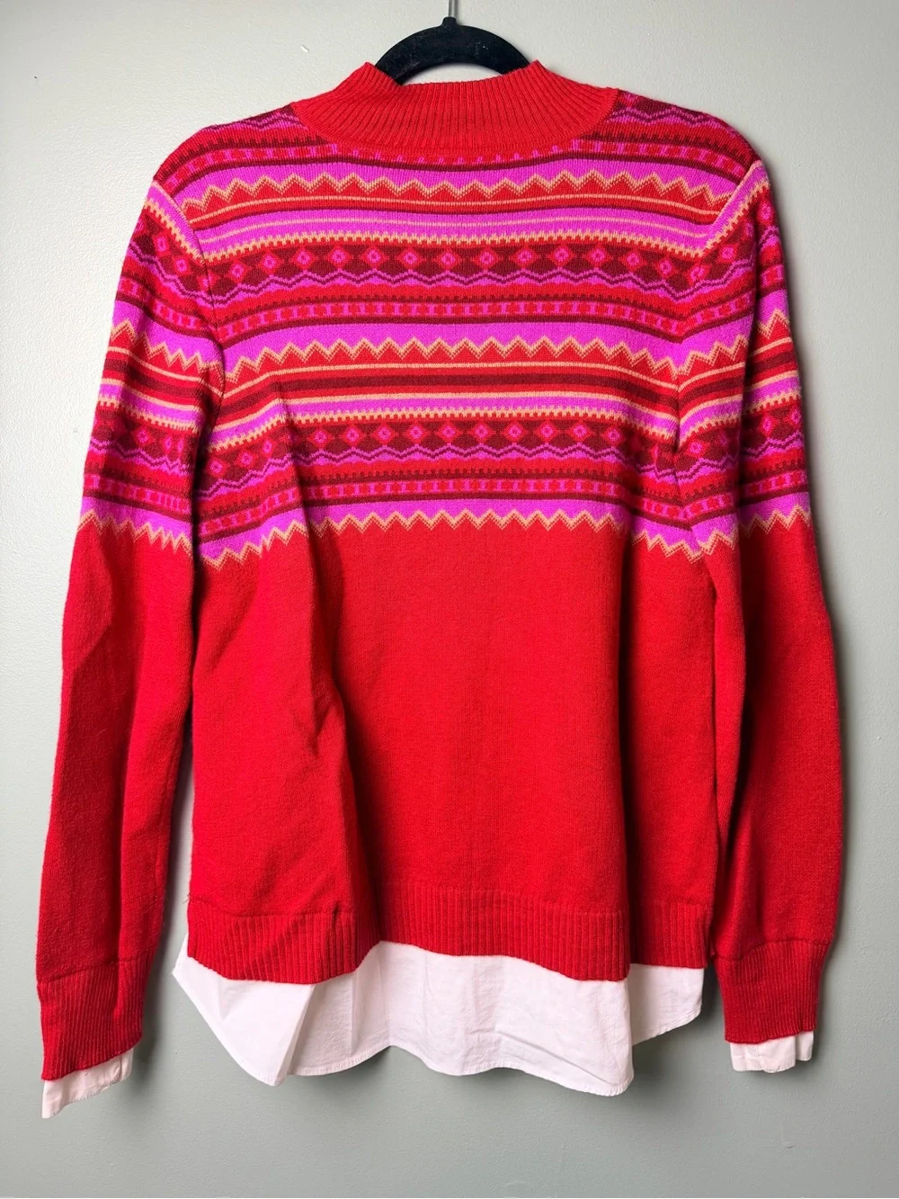 Isaac Mizrahi Bright Red Mock Neck Fair Isle Sweater Layered White Button Down